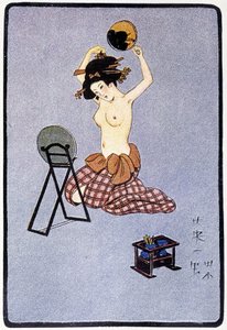 Joven japonesa despojada de su peinado - en "Muñeca japonesa" por Félicien Champsaur, ill. Hanafusa Itcho, París de Hanabusa Itcho