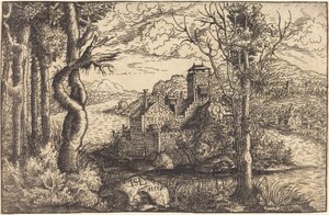 Vista en un río con un castillo en una isla de Hanns Lautensack