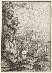 Paisaje con un camino a un castillo en una isla en un río de Hanns Sebald Lautensack