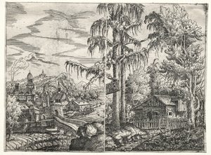 Paisaje con la ciudad en un río y la cabaña entre árboles, 1551 de Hanns Sebald Lautensack