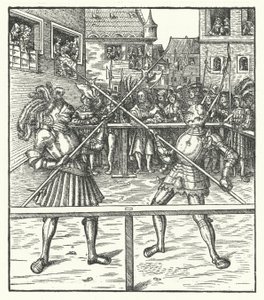 Archiduque Maximiliano de Austria luchando a pie con una alabarda de Hans (after) Burgkmair