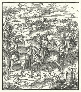 Archiduque Maximiliano de Austria cazando garzas (grabado) de Hans (after) Burgkmair