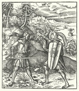 El Archiduque Maximiliano de Austria en armadura luchando con una espada de Hans (after) Burgkmair