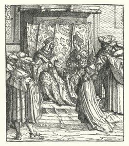 Leonor de Portugal recibiendo la propuesta de matrimonio de Federico de Austria, Rey de los Romanos (grabado) de Hans (after) Burgkmair