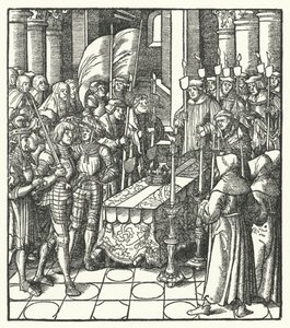 El rey Luis XII de Francia junto al ataúd de su predecesor, el rey Carlos VIII