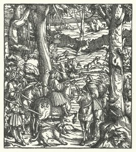 Maximiliano I, Rey de los Romanos, recibiendo un mensaje mientras caza de Hans (after) Burgkmair