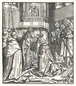 El Papa Nicolás V coronando a Federico III emperador del Sacro Imperio Romano en Roma de Hans (after) Burgkmair