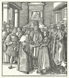 El Papa Nicolás V presidiendo el matrimonio del emperador del Sacro Imperio Romano Federico III y Leonor de Portugal en Roma de Hans (after) Burgkmair