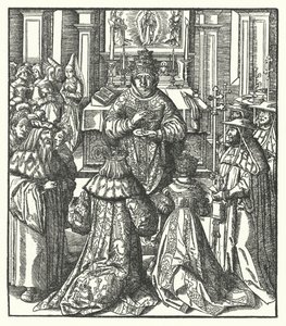 El emperador del Sacro Imperio Romano Federico III y la emperatriz Leonor recibiendo la Sagrada Comunión del Papa de Hans (after) Burgkmair