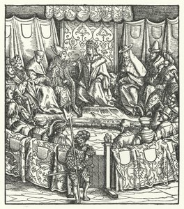 El emperador del Sacro Imperio Romano Maximiliano I negociando con los húngaros de Hans (after) Burgkmair