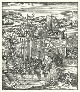 El emperador del Sacro Imperio Romano Maximiliano I con su flota en La Spezia, Italia de Hans (after) Burgkmair