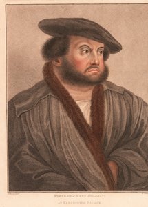 Autorretrato del artista Hans Holbein en el palacio de Kensington. ,1812 (grabado)