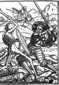 La muerte simulada de Hans Holbein el Joven (1497-1543): el soldado. Un soldado lucha contra la Muerte; a sus pies yacen los cuerpos de otros guerreros. Grabado