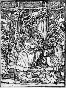 Las simulaciones de la muerte de Hans Holbein el Joven (1497-1543): el emperador. Mientras la Muerte le quita la corona al emperador, un campesino le ruega justicia. Grabado
