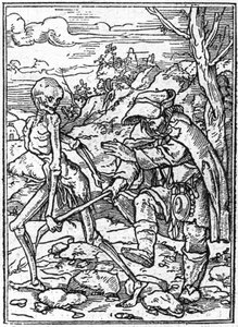 Las simulaciones de la muerte de Hans Holbein el Joven (1497-1543): el ciego. La muerte agarra el bastón del ciego y actúa como guía. Grabado de Hans (after) Holbein the Younger