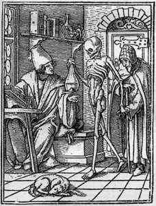 Las simulaciones de la muerte de Hans Holbein el Joven (1497-1543): el doctor. La Muerte se interpone entre el doctor y su paciente. Grabado de Hans (after) Holbein the Younger