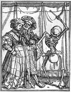 Los simulacros de la muerte de Hans Holbein el Joven (1497-1543): los esposos. La muerte toca el tambor frente a una pareja. Grabado