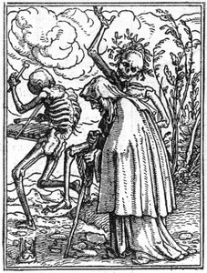 Los simulacros de la muerte de Hans Holbein el Joven (1497-1543): la anciana. La muerte acompaña a una anciana a su destino. Grabado
