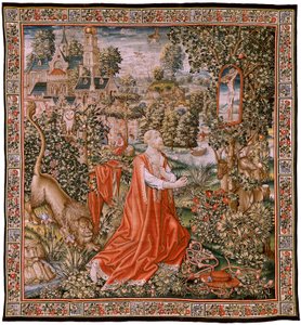 Tapiz flamenco. San Penitente Jerome, o San Juan. San Jerónimo en el Desierto (San Jerónimo Penitenciario, o San Jerónimo en el Desierto). Modelos Caricatura atribuida al círculo de Hans Memling (c. 1433-1493) o Gerard David (c. 1450-1523). Fabricante Desc de Hans (school of) Memling