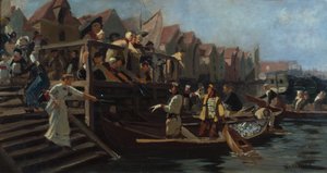 Pujas en el mercado de pescado, Triángulo de Bergen (óleo sobre lienzo) de Hans Andreas Dahl