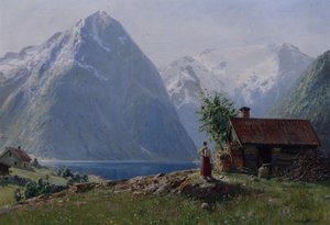 Chica en un paisaje de fiordos (óleo sobre lienzo) de Hans Andreas Dahl