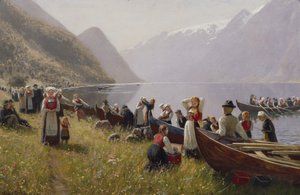 Ir a la iglesia en Hardanger (óleo sobre lienzo) de Hans Andreas Dahl