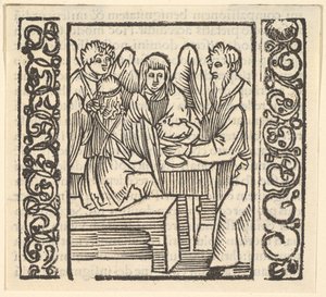 Ángeles servidos en una mesa, ilustración de Speculum Passionis de Hans Baldung