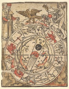 Carta de los signos del zodiaco con Venus, Cupido y un santo obispo