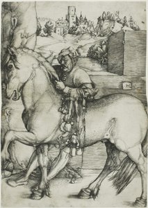 Un mozo ensillando un caballo de Hans Baldung Grien