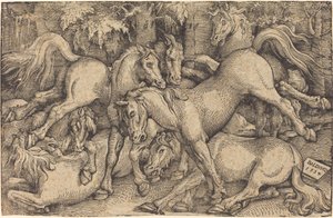 Grupo de siete caballos en el bosque de Hans Baldung Grien
