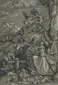 Madonna con niño y ángeles en un paisaje