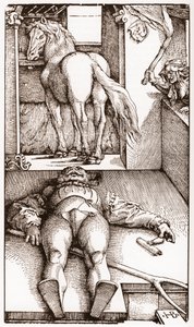 El palafrenero embrujado - (Palafrenero Durmiente y Hechicera) grabado en madera por Hans Baldung Grien (1485-1544) circa 1544 de Hans Baldung Grien