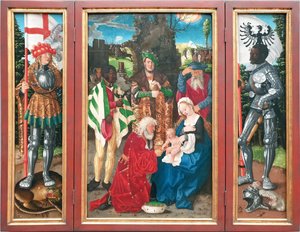 Retablo de los Reyes Magos
Izquierda: San Jorge
Mitad: La Adoración de los Reyes

Derecha: San Mauricio San Mauricio de Hans Baldung Grien