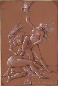 Saludo de Año Nuevo con Tres Brujas - Obra de Hans Baldung (1484-1545) tinta y tiza blanca sobre papel de Hans Baldung Grien