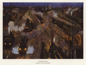 Estación de ferrocarril de una gran ciudad (litografía en color)