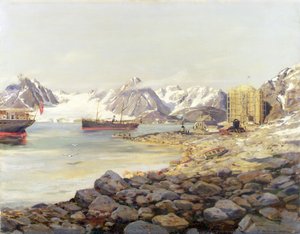 Los barcos de la Expedición Polar Andree anclados frente a la estación del balcón, Dane