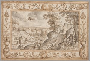 Paisaje con el sacrificio de Isaac dentro de un borde decorativo de plantas y animales de Hans Bol