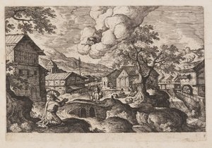Lámina 1, de Paisajes con escenas del Antiguo y Nuevo Testamento y las Metamorfosis de Ovidio de Hans Bol