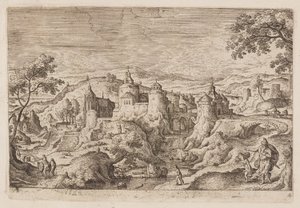 Lámina 4, de Paisajes con escenas del Antiguo y Nuevo Testamento y las Metamorfosis de Ovidio de Hans Bol