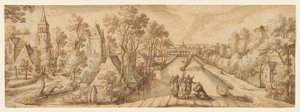 Vista de Delfgauw, con Abraham y los tres ángeles de Hans Bol
