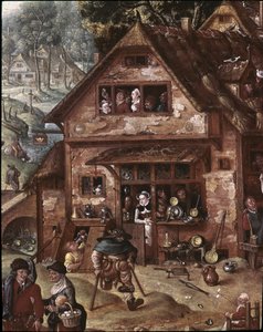 Vista del pueblo con escenas burlescas. Detalle de la taberna de Hans Bol