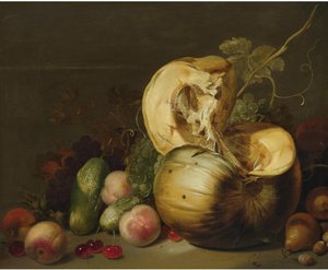 Naturaleza muerta con una calabaza, melocotones, uvas, cerezas y otras frutas