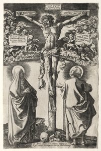 Cristo en la cruz entre la virgen y San Juan de Hans Brosamer