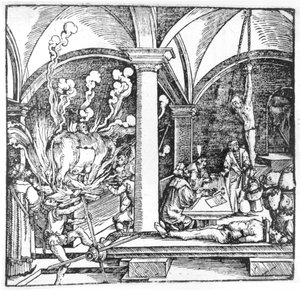 El interrogatorio, ilustración de un libro de Cicerón Teutsch, Augsburgo, 1533 de Hans Burgkmair
