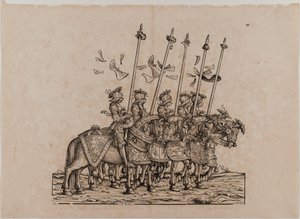 Triunfo del emperador Maximiliano I: Quincuagésimo primer tablero, participantes en la Rennen (justa o carrera ligera) de Hans Burgkmair