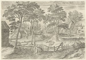 Vista del establo Robó desde arriba (título en el objeto) Lugares de interés del área de Bruselas (título de la serie) de Hans Collaert (I)