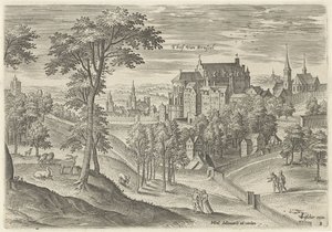 Vista del Tribunal de Bruselas Tribunal de Bruselas (título sobre objeto) Lugares de interés del área de Bruselas (título de la serie) de Hans Collaert (I)