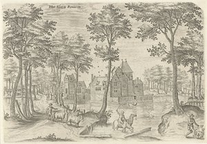 Vista del Castillo de Rivieren Reverendo la cerradura (título en objeto) Lugares de interés del área de Bruselas (título de la serie) de Hans Collaert (I)