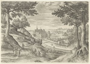 Vista del monasterio de Zevenborren Seuen burre (título sobre objeto) Lugares de interés del área de Bruselas (título de la serie) de Hans Collaert (I)