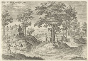 Vista de la leprosería de Scheut. El laserije en route schuet (título sobre objeto) Lugares de interés del área de Bruselas (título de la serie) de Hans Collaert (I)